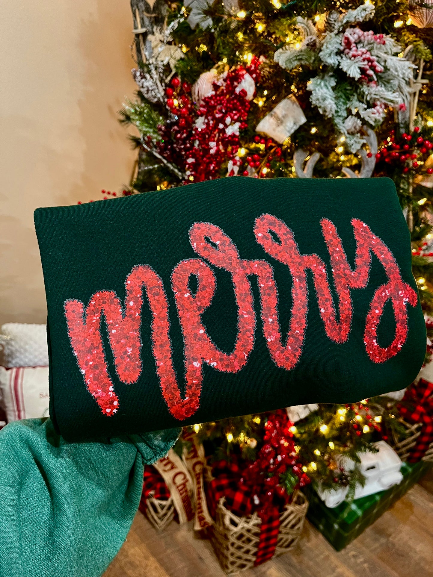 Faux Sequin “Merry” Crewneck